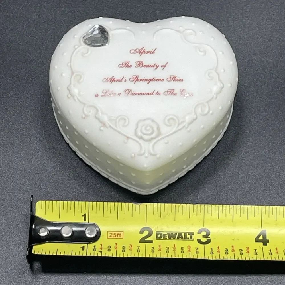 Vtg April's Springtime Skies Porcelain White Heart-Shaped Trinket Box Embossed